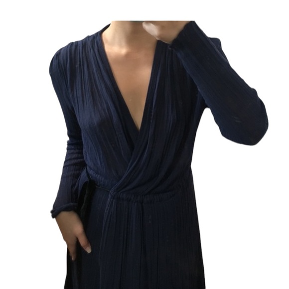Zara Long sleeve knit wrap dress navy with black trim/tie waist maxi size small - Picture 3 of 7